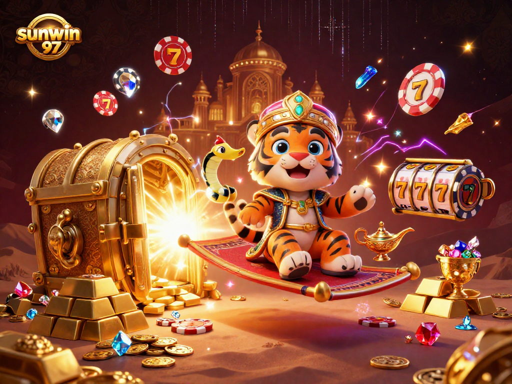 Engage with sunwin 97 through this vibrant, animated casino scene showcasing a tiger sultan and magic lamp.