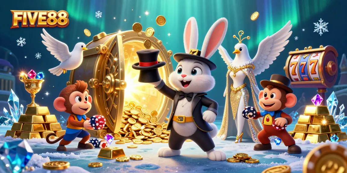 Experience the excitement of FIVE88 with a magician rabbit, a glamorous dove, and a playful monkey amidst a treasure-filled casino scene.