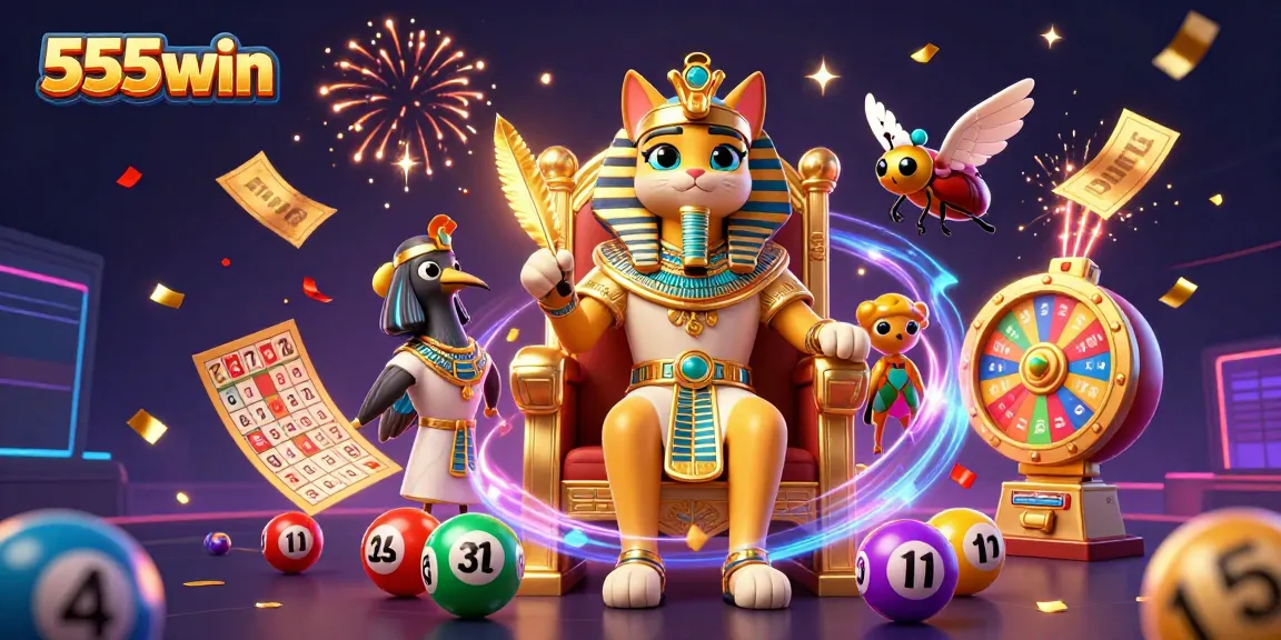 Play and win on 555win with a vibrant, dynamic casino-themed illustration featuring lucky lottery elements.