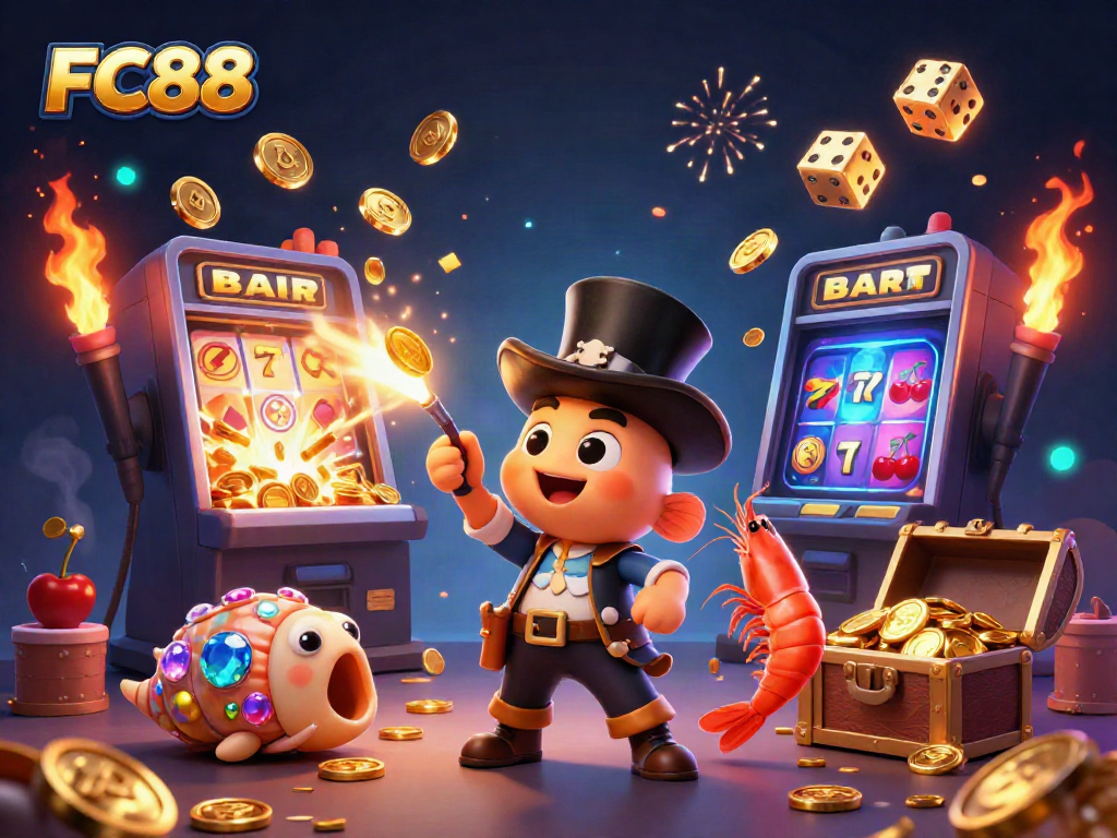 Engage with FC88 gaming excitement through lively characters, vibrant colors, and casino elements.