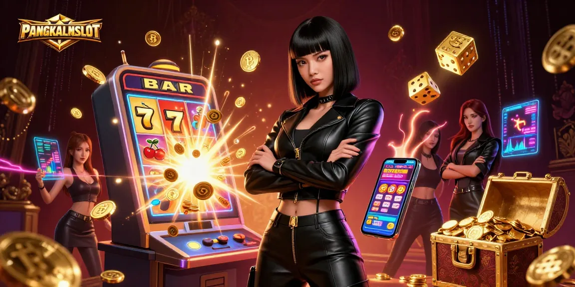 PANGKALANSLOT showcases a powerful Asian woman in a casino-themed digital illustration surrounded by dynamic gaming elements.