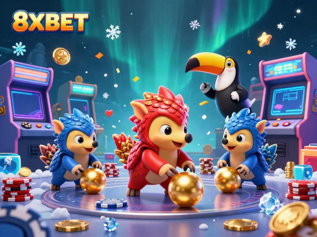 8XBET pangolins engage in a dynamic casino game, amidst glowing arcade elements and vibrant colors.