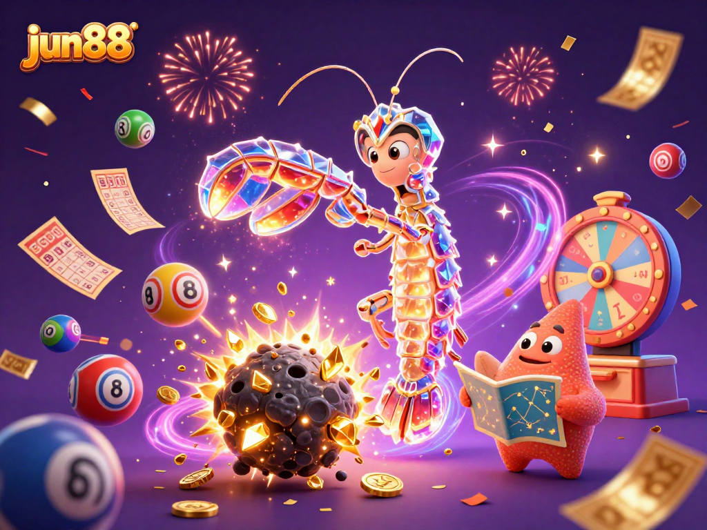 Engage in thrilling gameplay with jun88 featuring a galactic samurai and starfish amid lottery excitement.