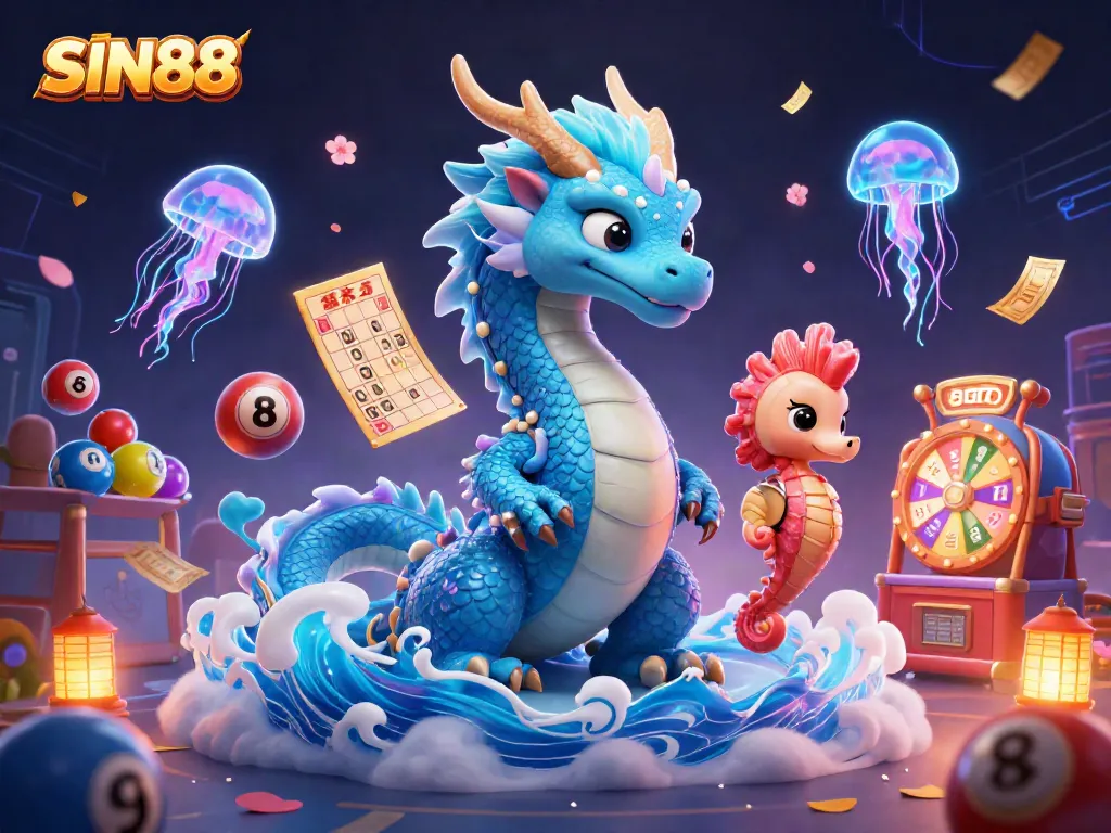 SIN88 showcases a majestic azure dragon and coral knight amidst glowing jellyfish, symbolizing vibrant gaming entertainment.