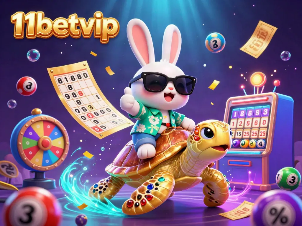 Play exciting games at 11betvip with a lucky rabbit and golden turtle in a vibrant casino scene.