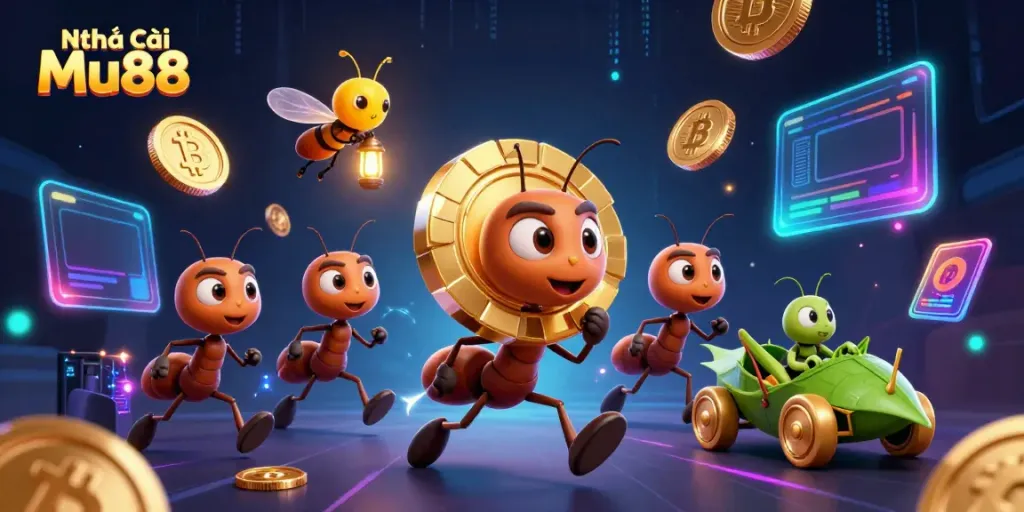 Ants carrying a giant poker chip amidst Bitcoin and Ethereum in a vibrant, colorful illustration for Nhà cái Mu88.