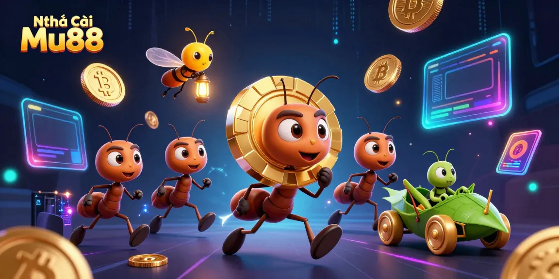 Ants carrying a giant poker chip amidst Bitcoin and Ethereum in a vibrant, colorful illustration for Nhà cái Mu88.