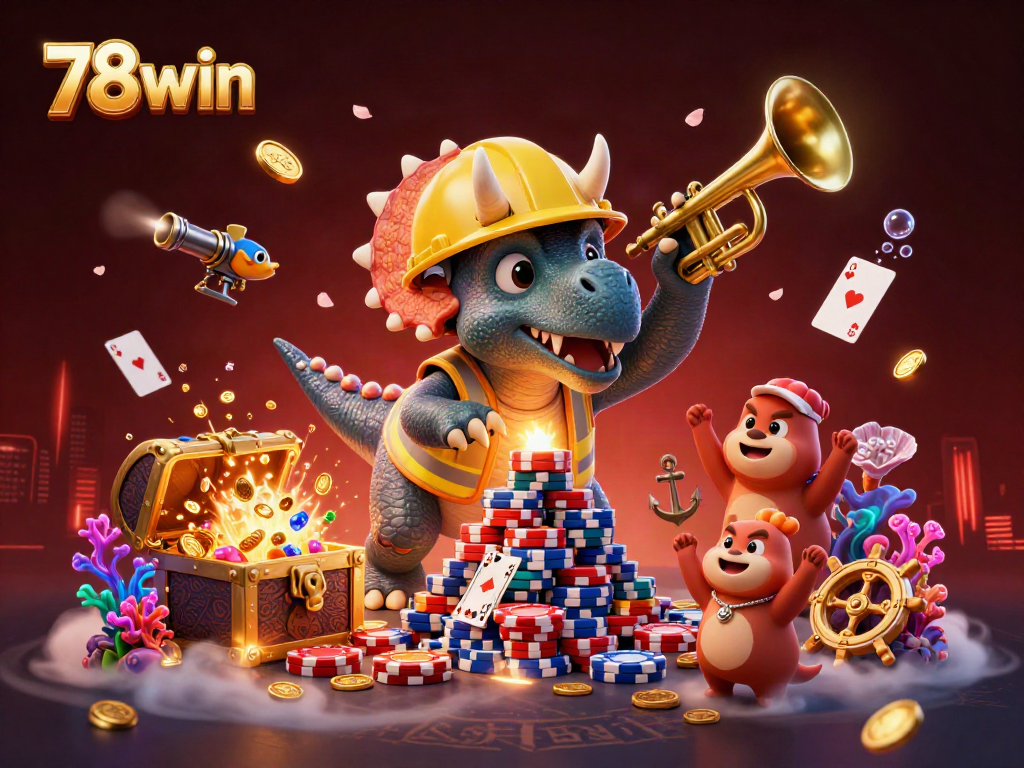 78win celebrates with a triceratops and celebration elements in a casino-themed illustration.