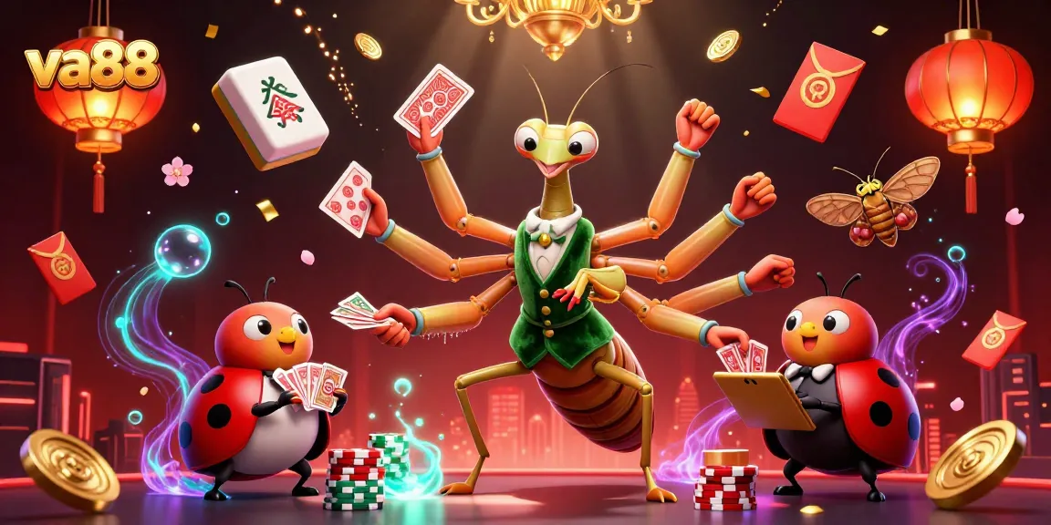 va88 engages gamblers in a vibrant illustration, featuring a giant praying mantis dealer amidst thrilling casino elements.