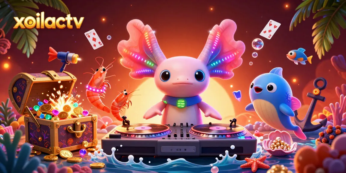 Experience vibrant gameplay with xoilactv featuring a neon axolotl DJ spinning records amid underwater treasures.