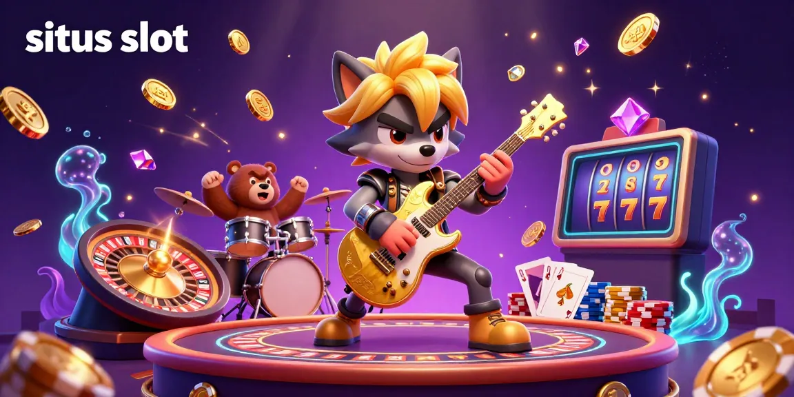 Experience situs slot excitement with a rock star wolf playing guitar, surrounded by winnings and casino elements.