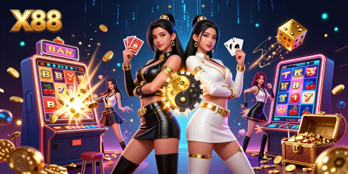 X88 captivating scene with twin Asian women card players, vibrant gambling elements, and jackpot dynamics.
