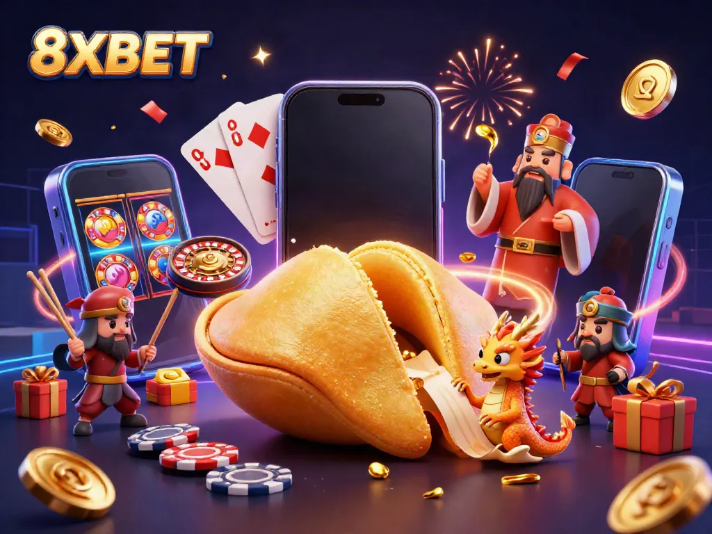 Engage with the dynamic world of 8XBET through a vibrant 3D casino illustration showcasing a golden fortune cookie scene filled with gaming elements.