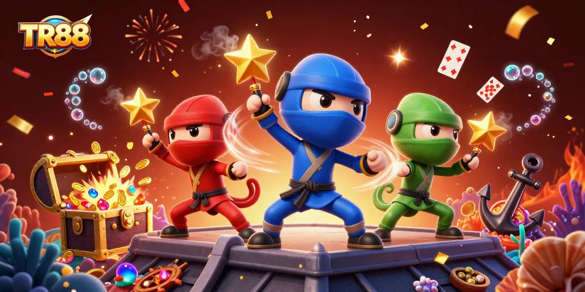 TR88 chameleon ninjas showcasing martial arts around casino-themed elements and treasure.