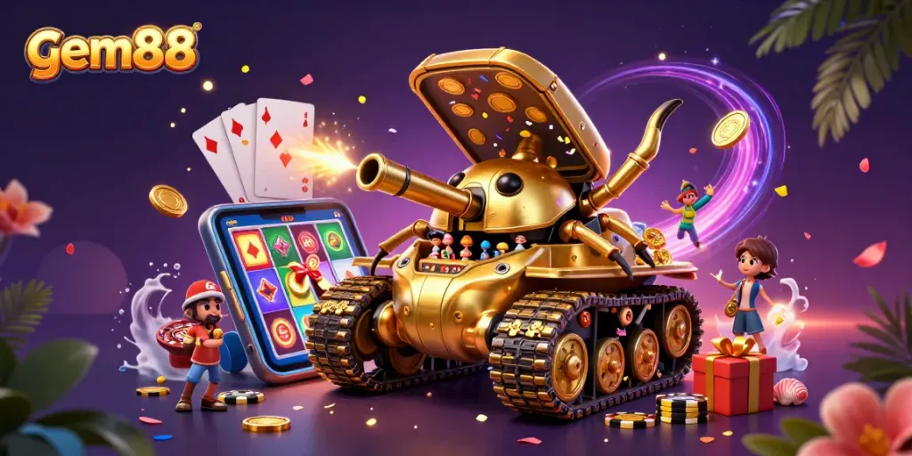 Engage in vibrant gaming action at gem88 with a dynamic casino-themed tank illustration bursting with excitement.