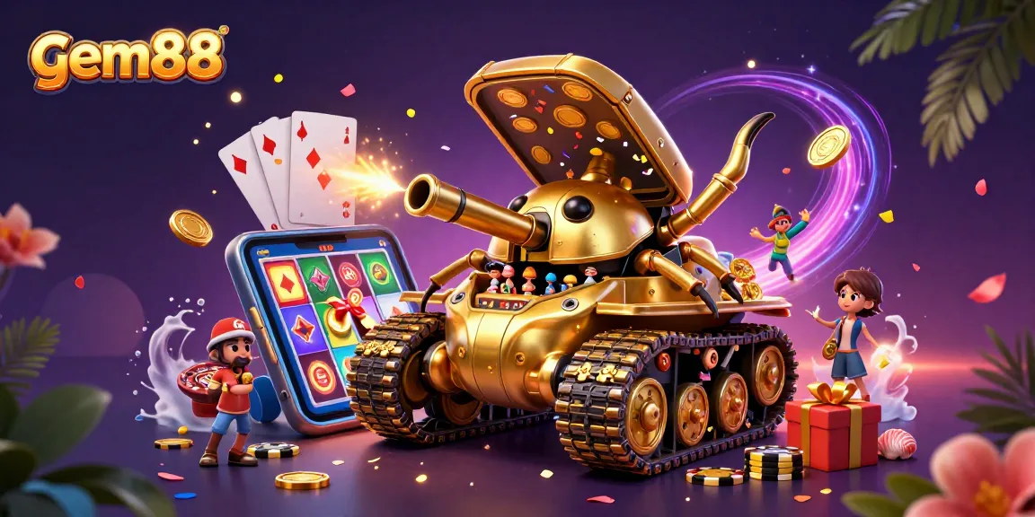 Engage in vibrant gaming action at gem88 with a dynamic casino-themed tank illustration bursting with excitement.
