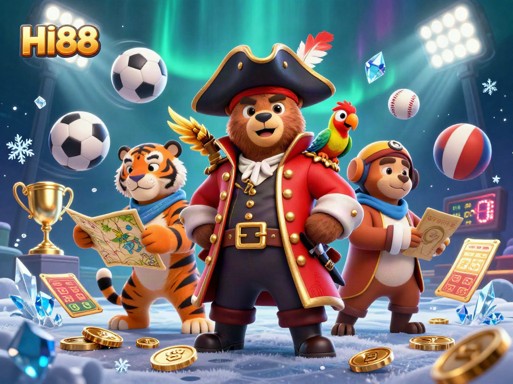 Experience thrilling gaming adventures with HI88 through a vibrant 3D illustration of pirates and sports elements.