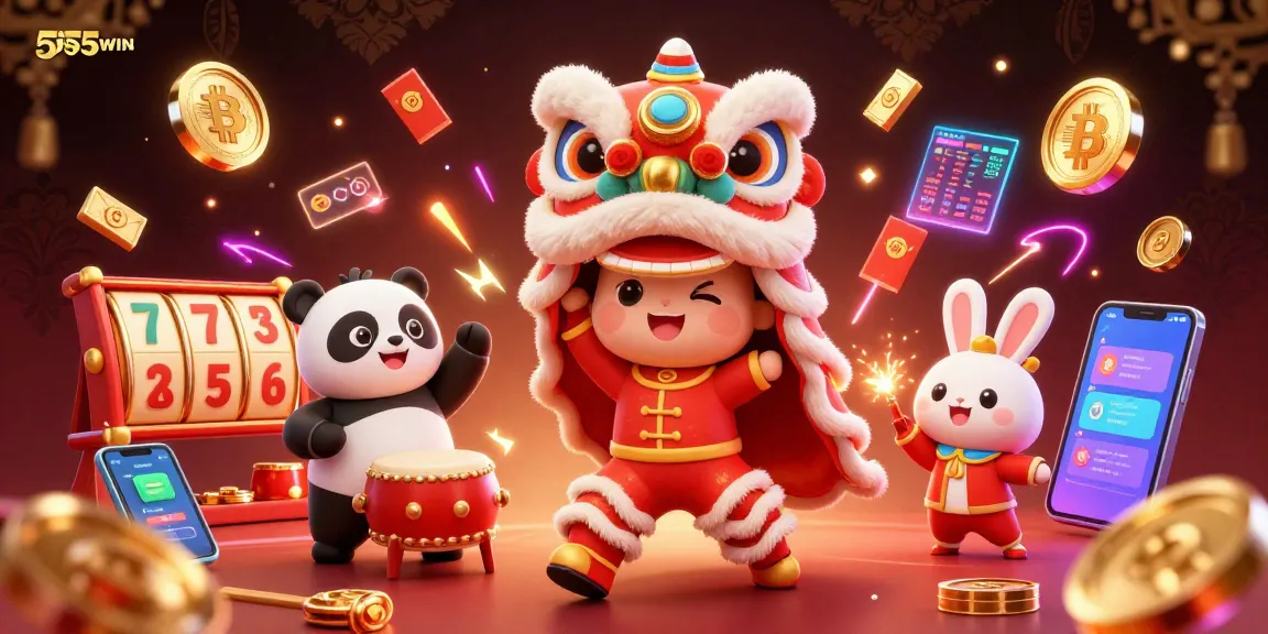 Experience the excitement of 555WIN with a lively lion dance illustration surrounded by slot reels and crypto coins.