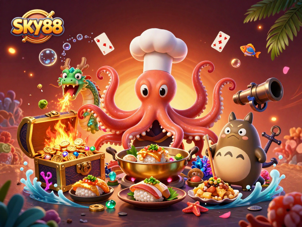 Experience thrilling casino action with SKY88 in this vibrant casino adventure illustration.