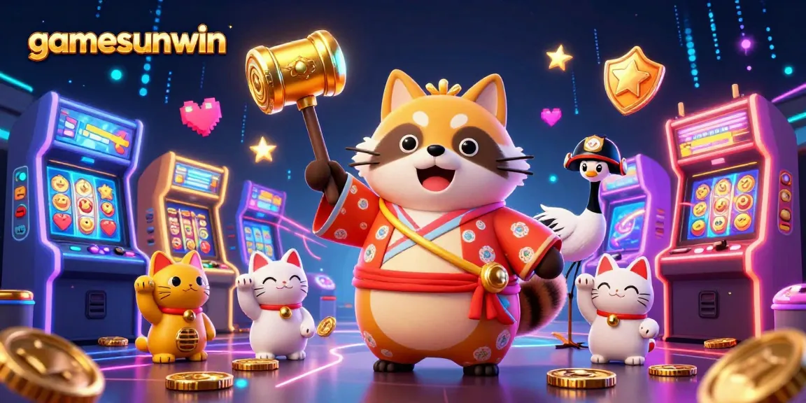 Experience the excitement at gamesunwin with a cheerful tanuki in a festive setting, surrounded by vibrant casino elements.