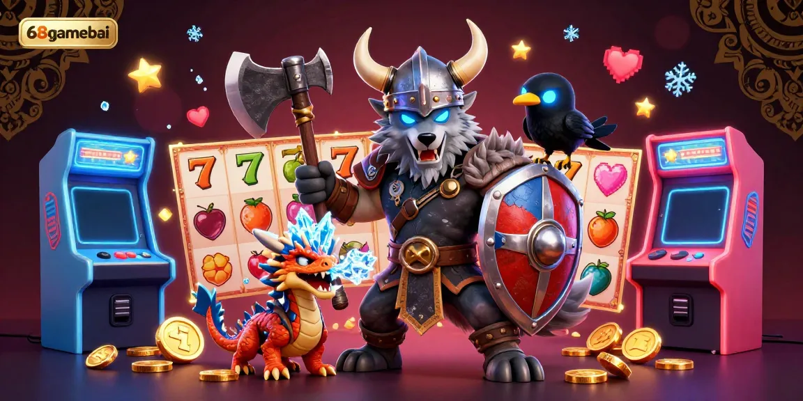Engage with the exhilarating 68gamebai scene featuring a Viking wolf warrior, a fierce dragon, and gaming elements.