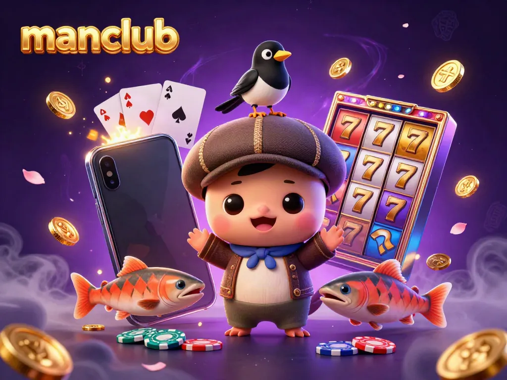 Spin and win with manclub's vibrant 3D casino illustration featuring playful characters and slot game excitement.