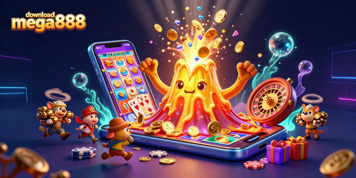 Experience the excitement of download mega888 with this vibrant casino-themed illustration.