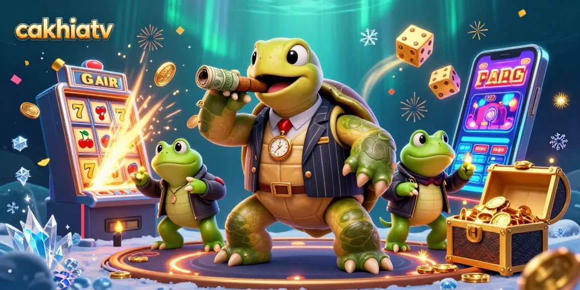 CakhiaTV showcases an engaging casino scene with cartoon characters and vibrant slot symbols.