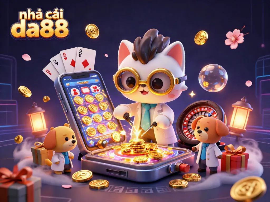 Engage in exciting games at nhà cái da88 with vibrant 3D casino characters and golden slot machine elements!
