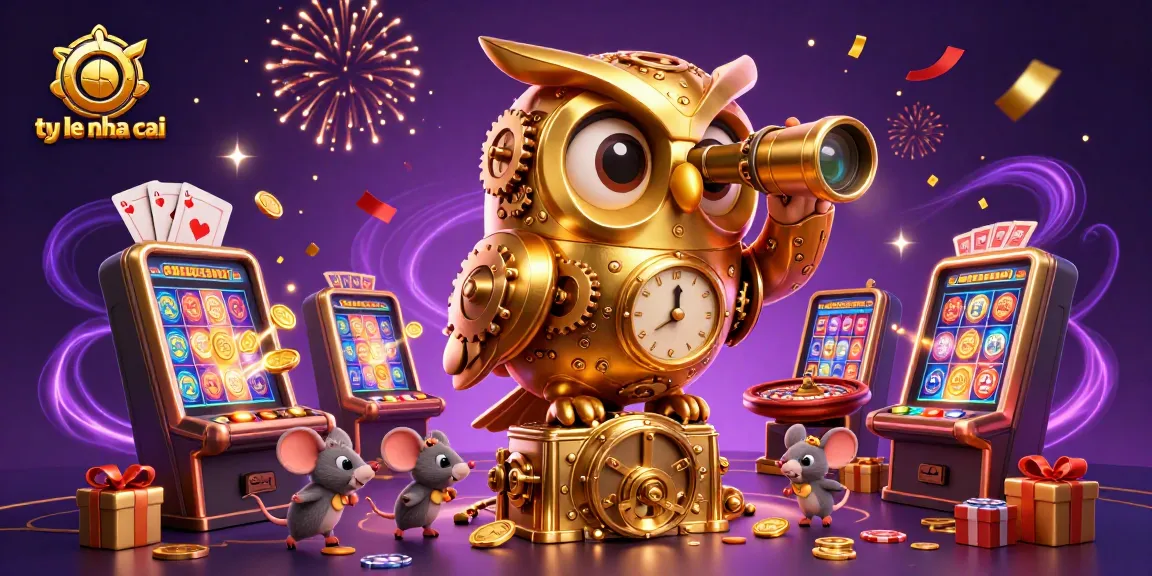 Experience thrilling moments in a vibrant casino with ty le nha cai, showcased by a golden owl and lively gaming elements.