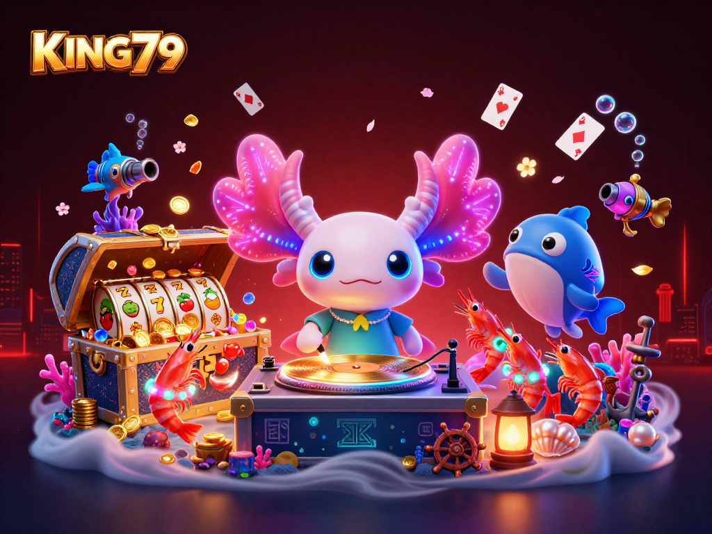 Join the KING79 adventure with a neon axolotl DJ amidst sparkling casino treasures.