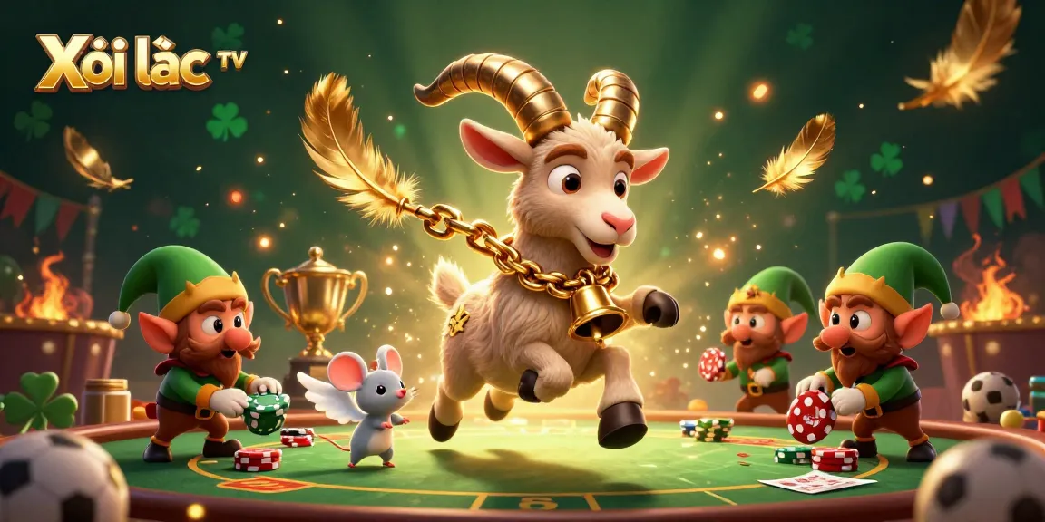 Xôi lạc TV showcases a lively sports betting scene with a Krampus goat overseeing action-packed table and lively gremlins.