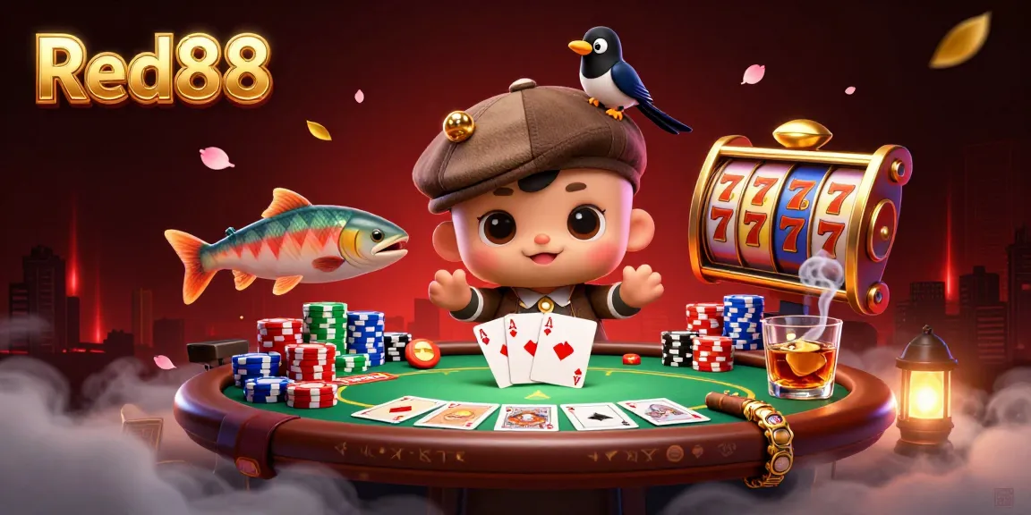 Engage with Red88’s immersive, casino-themed scene featuring playful characters and dynamic gaming elements.