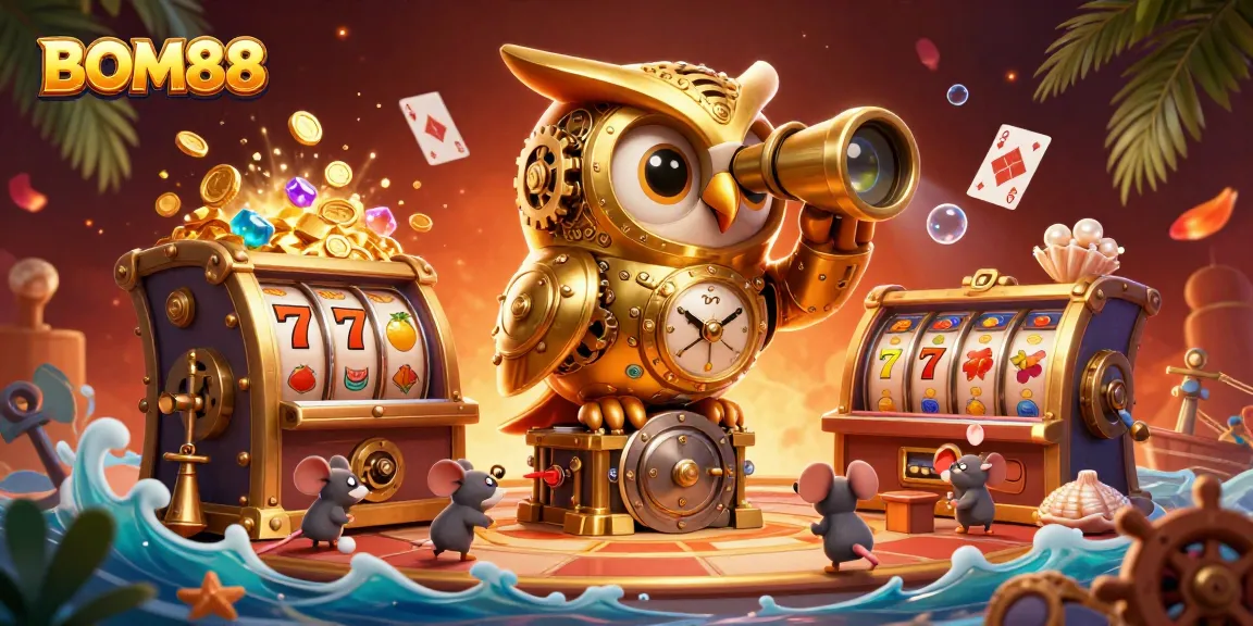 Experience thrilling gameplay at BOM88 with a golden owl overseeing a vibrant casino scene.