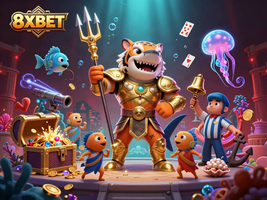 Experience the thrill of 8XBET with a vibrant underwater casino scene featuring a tiger shark gladiator.
