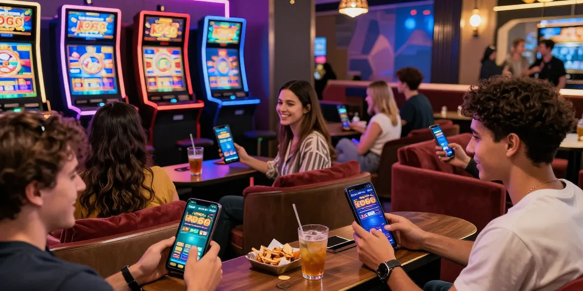 Young adults enjoying the KO66 app in a lively casino setting.