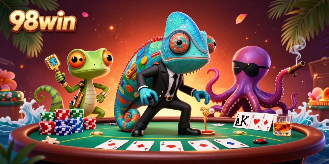 Engage in thrilling poker action with 98win’s vibrant casino scene featuring colorful characters and dynamic gameplay.