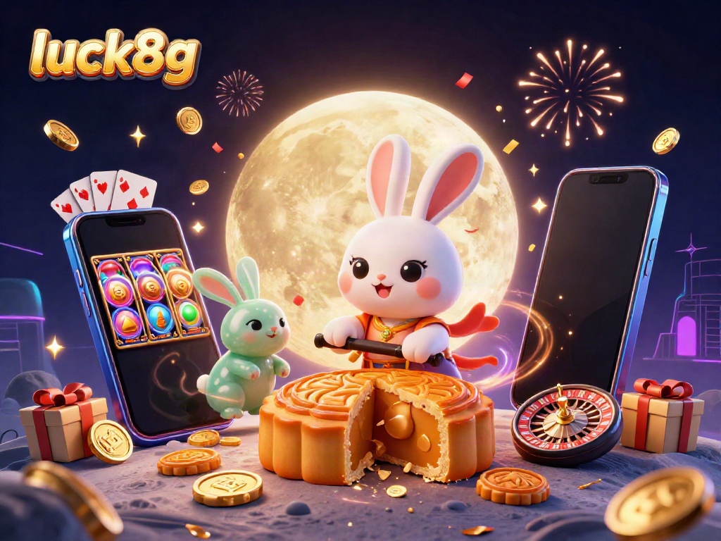 Engage with luck8g by exploring a vibrant scene of moon rabbits celebrating with slot games, poker chips, and festive elements.