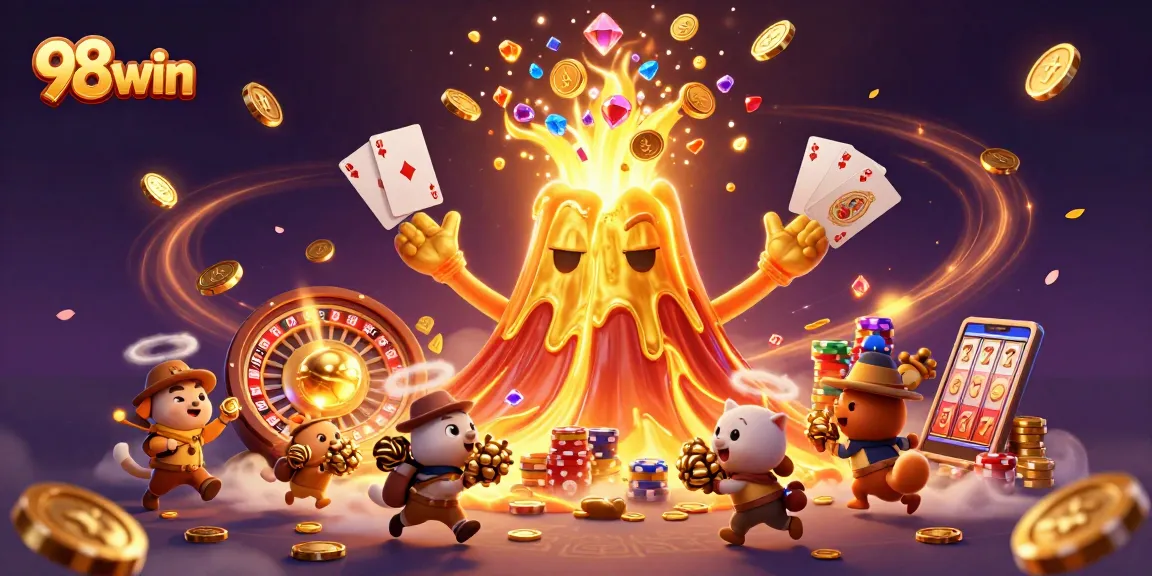 Experience thrilling gameplay with 98win's golden volcano erupting coins and gems in an exciting casino scene.