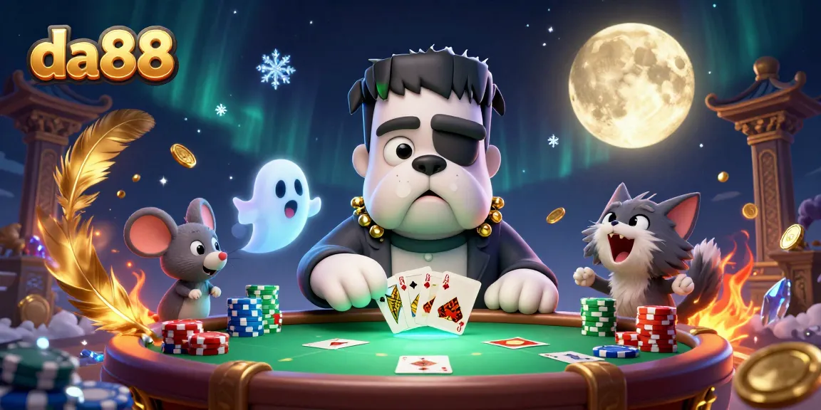 da88 immersive casino scene featuring a Frankenstein bulldog dealing cards with vibrant elements