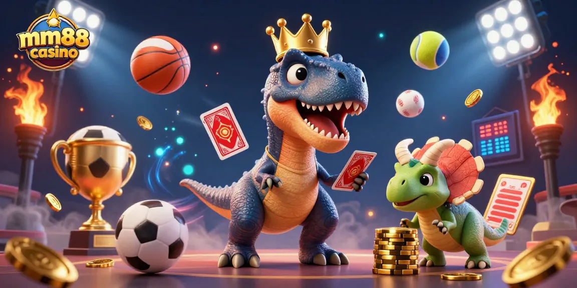 Engage with the exciting mm88 casino scene featuring playful dinosaurs, golden chips, and sports elements.