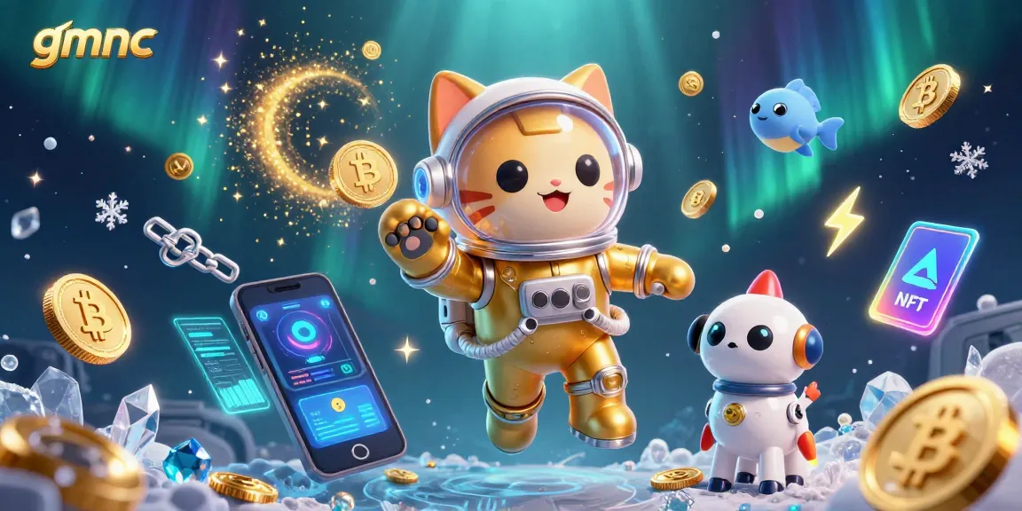 Engage with gmnc's immersive gaming experience featuring a golden astronaut cat in a crypto galaxy.