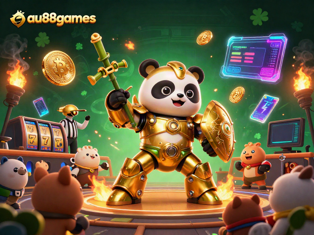 Experience the thrill of gaming with au88games' lively casino scene featuring a mech-suit panda.