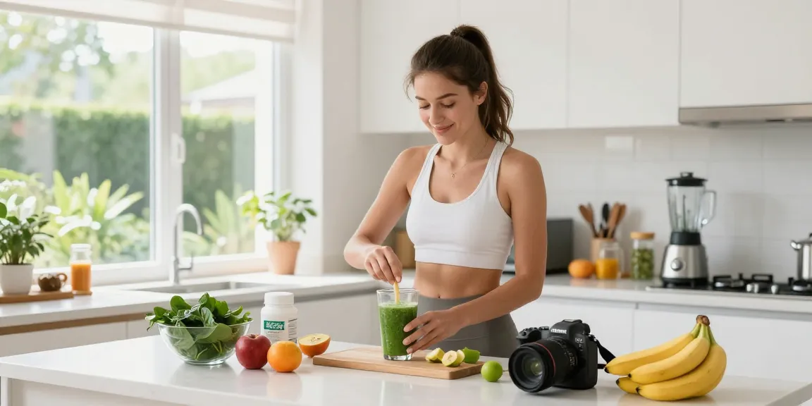 Dynamic woman preparing a smoothie with Biolab supplements in a bright kitchen