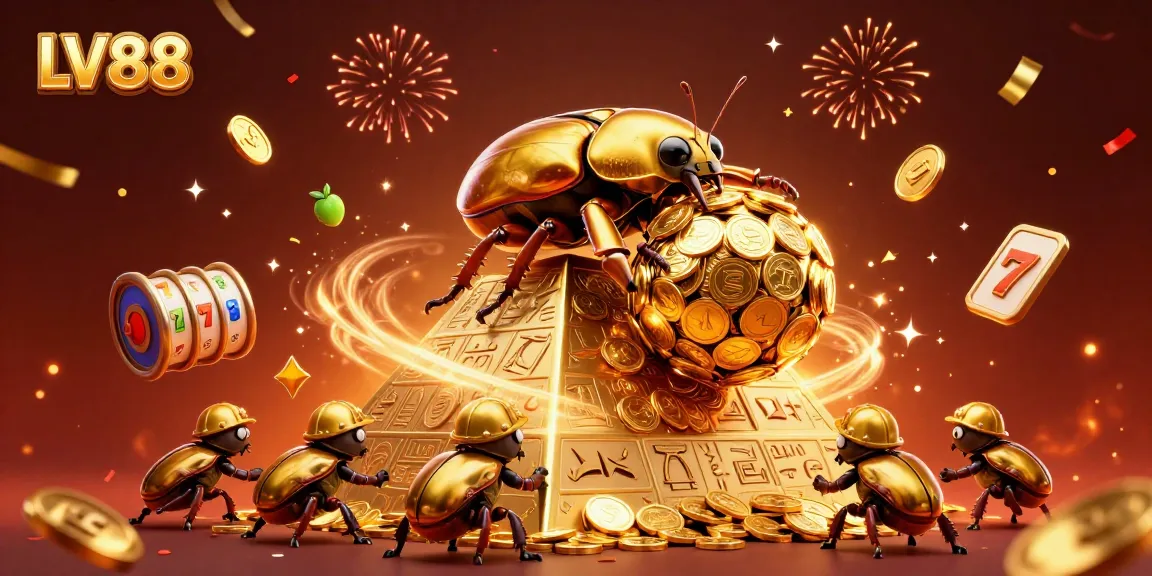 Experience the thrill of LV88 casino games with vibrant scenes of gold coins, slot reels, and festive elements.