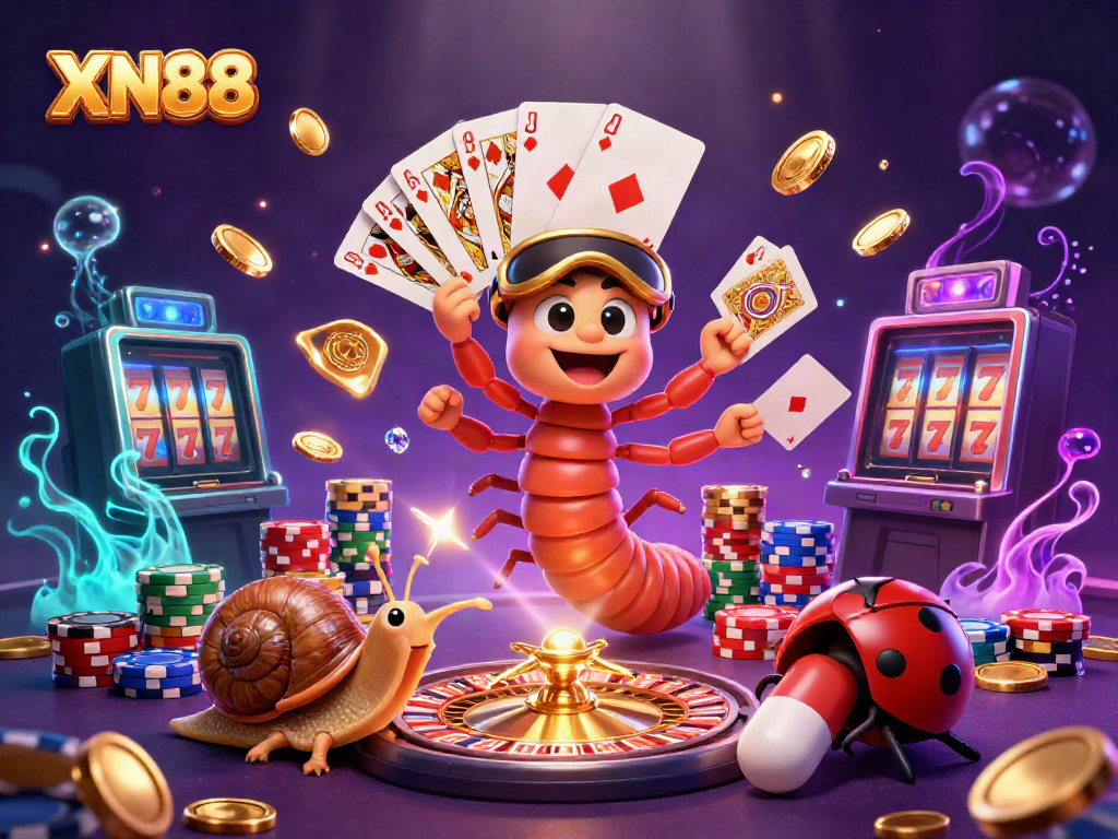 Experience the thrill of XN88 casino games with an animated scene showcasing a millipede dealer, cards, and vibrant betting elements.