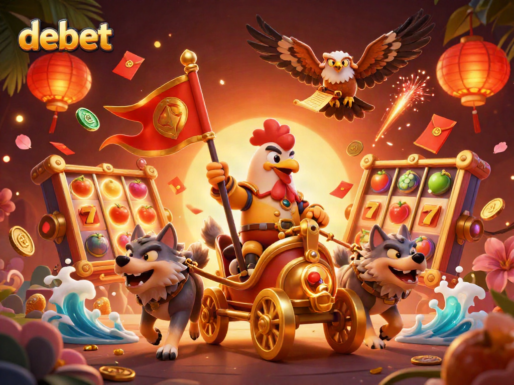 Experience high-stakes action with debet's dynamic casino adventure illustration featuring slot reels and vibrant characters.