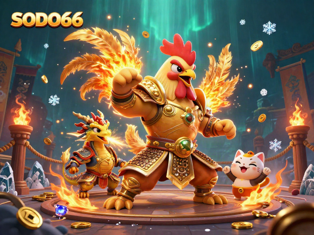 Engage with SODO66 in an immersive 3D casino scene showcasing a rooster warrior and golden dragon.