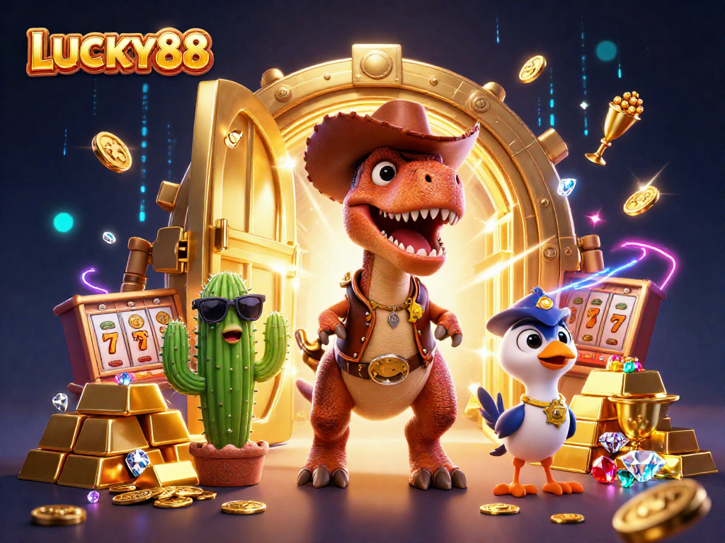 Engage with LUCKY88's thrilling 3D casino atmosphere rich in treasures and dynamic characters.