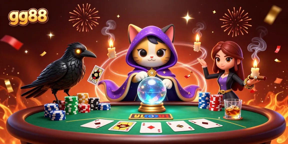 Win big with gg88 as a mystic cat and tarot raven unveil thrilling poker moments.